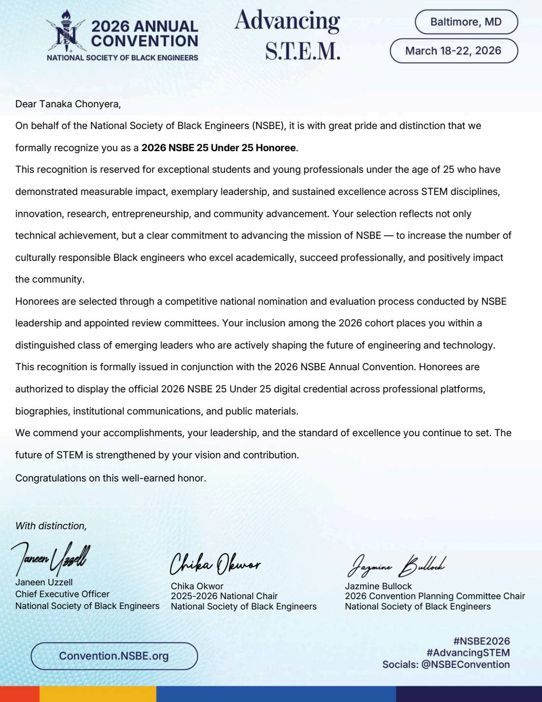 NSBE 25 Under 25 honoree letter